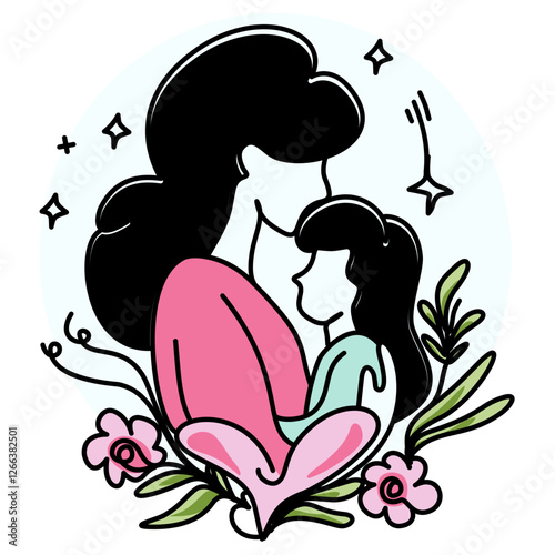 Mother's Day A mother tenderly hugging her child, surrounded by vibrant flowers and leaves, symbolizing love, care, and the beauty of motherhood. Perfect for greeting cards, social media