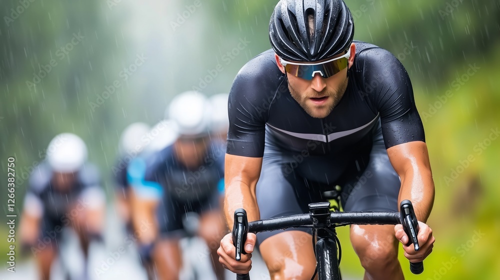 Fototapeta premium Professional cyclist leading a group of fellow racers through a challenging race in the rain, showcasing focus and determination while wearing a helmet and glasses