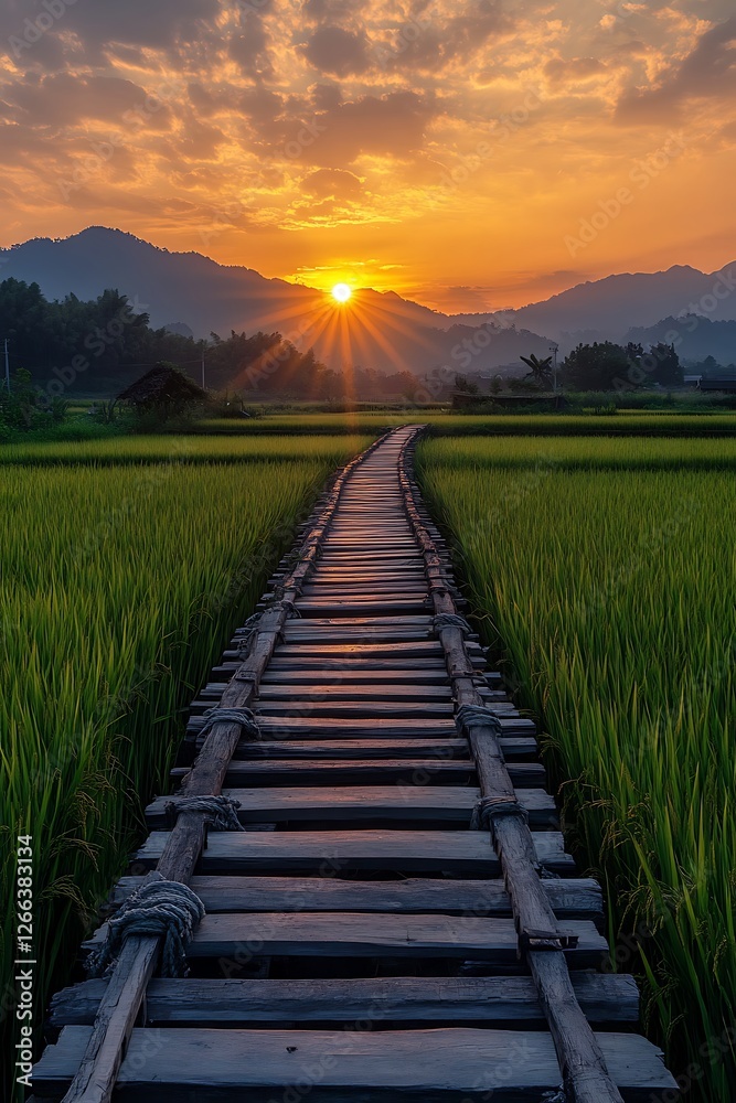 Obraz premium A wooden bridge crossing a narrow stream in the middle of a vibrant rice field, leading towards the rising sun. The vast sky provides an excellent area for advertisements