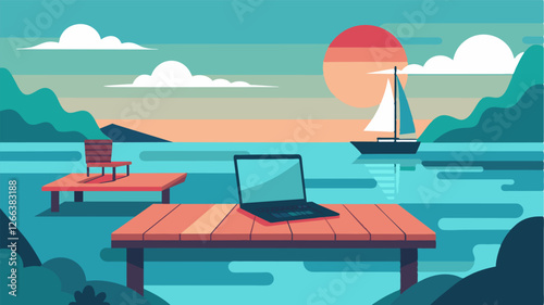 With only the occasional sound of a passing boat a laptop sits on a rickety dock providing a peaceful and picturesque location to get work done.. Vector illustration