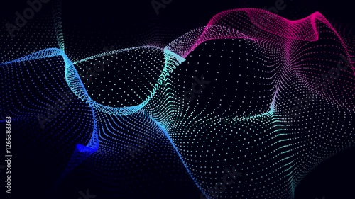 Abstract colorful rainbow particles grid of dots flowing until explodes and dissolve against a black background.
