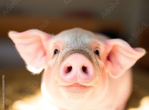 an image of a pig with ears sticking out looking at the camera, there is a small pig that is standing in the hay photo