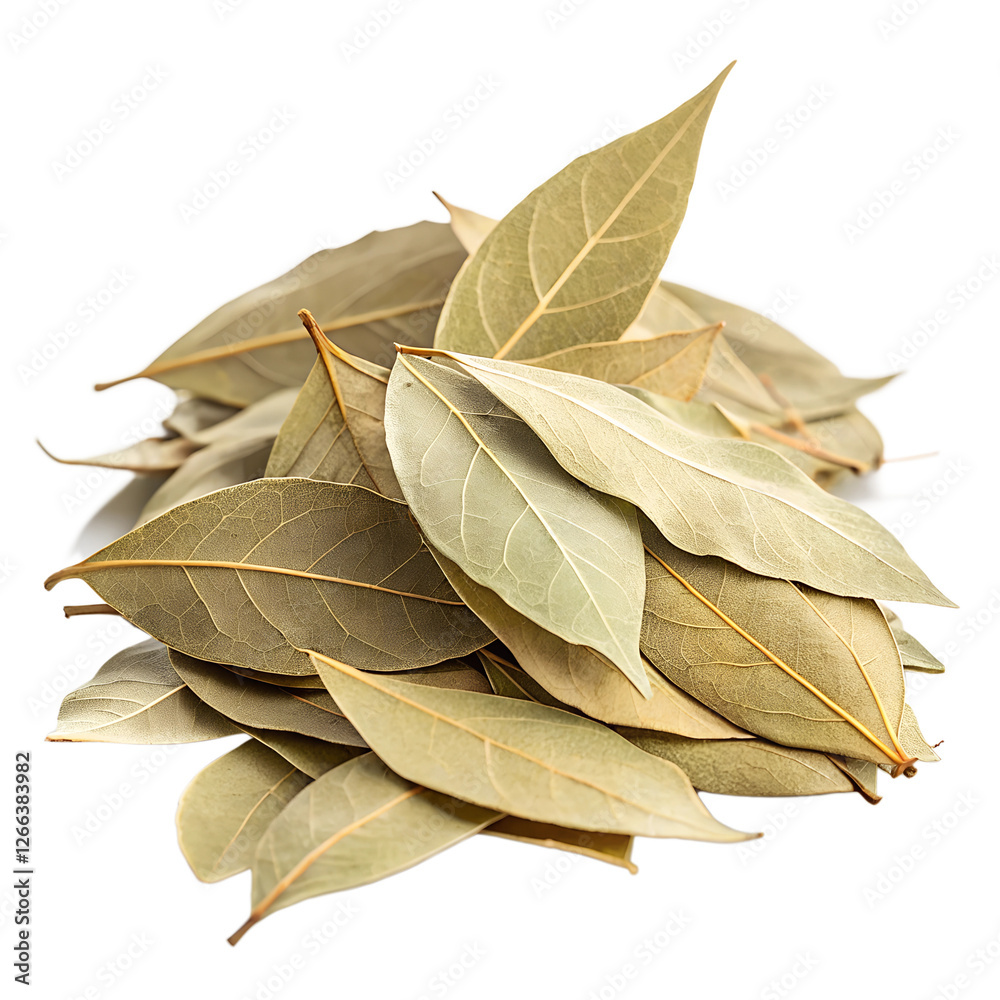 a pile of dried bay leaves, a popular culinary herb. The leaves are a deep green color and have a slightly wrinkled texture a pile of dried bay leaves, a popular culinary herb. The leaves are a deep green color and have a slightly wrinkled texture