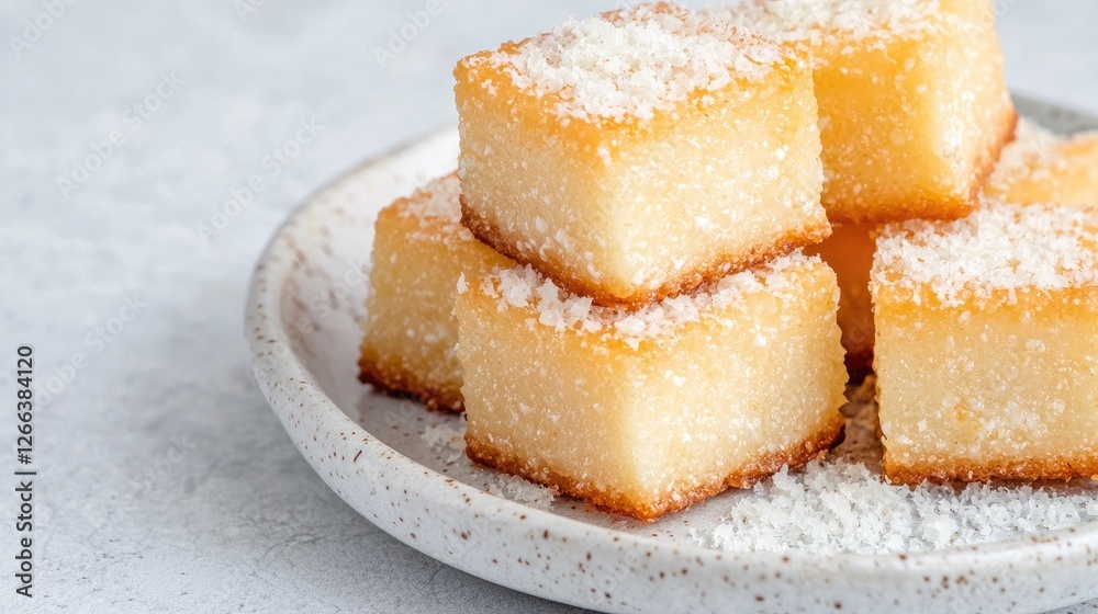 Stacked coconut squares on a plate Stacked coconut squares on a plate