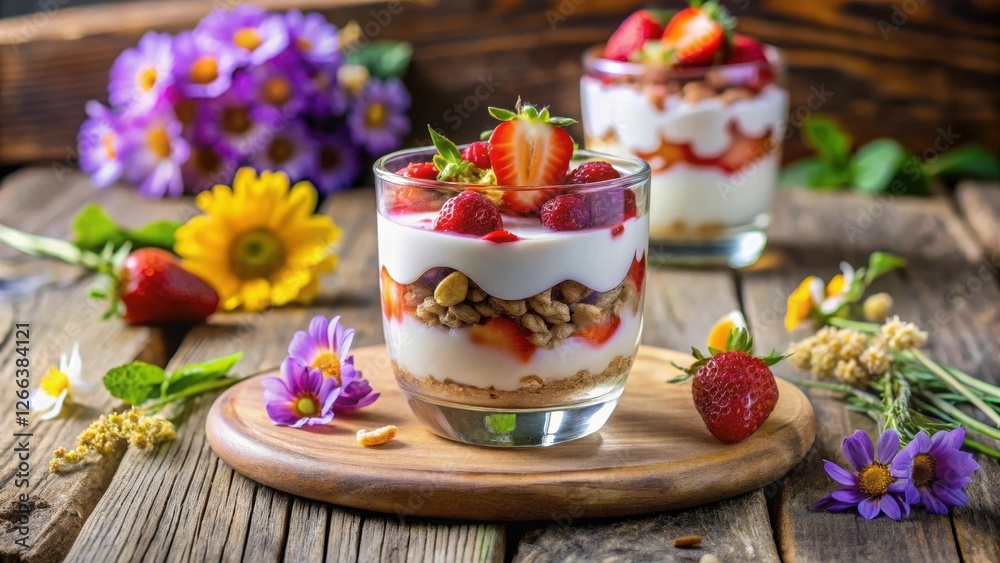 Layered dessert with creamy yogurt, crunchy granola, and fresh strawberries, beautifully presented in a glass on a rustic wooden surface, adorned with vibrant wildflowers. Layered dessert with creamy yogurt, crunchy granola, and fresh strawberries, beautifully presented in a glass on a rustic wooden surface, adorned with vibrant wildflowers.