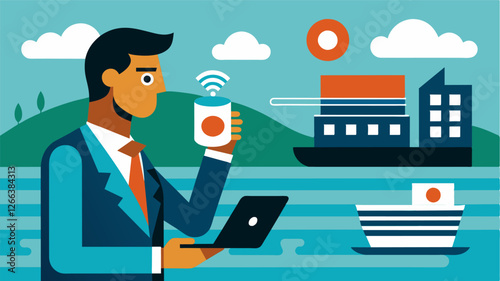 With a cup of coffee in one hand and a tablet in the other a professional takes advantage of the riverboats WiFi to respond to urgent emails on their morning commute.. Vector illustration