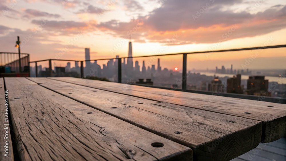 Obraz premium close up empty wooden table on the rooftop during sunset