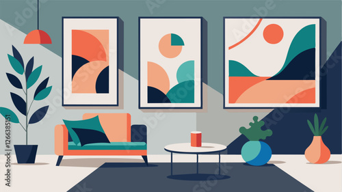 The walls are adorned with tasteful abstract artwork adding a touch of color and personality to the otherwise monochromatic space.. Vector illustration