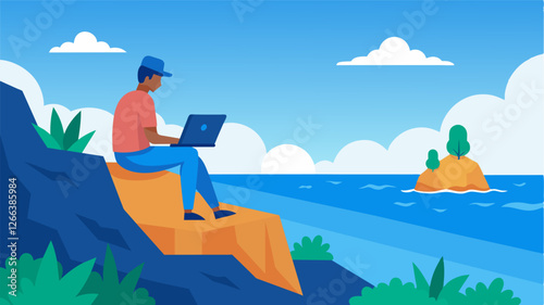 With a birds eye view of the vast blue ocean below a digital nomad embraces the freedom of working remotely from a cliffside paradise.. Vector illustration