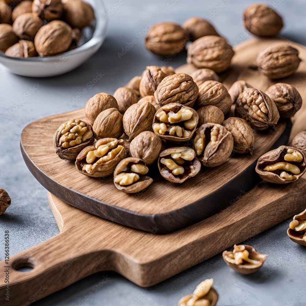 Handful of raw walnuts on a wooden board, packed with omega-3 for liver support Handful of raw walnuts on a wooden board, packed with omega-3 for liver support