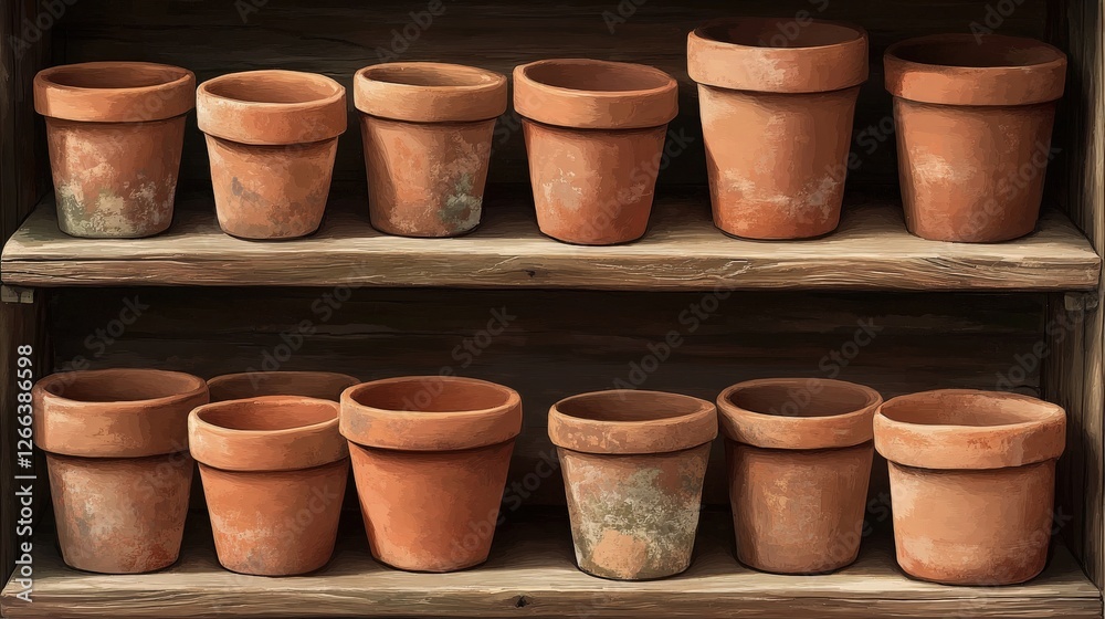 Arranging terracotta flower pots garden store product display indoor eye-level gardening aesthetics Arranging terracotta flower pots garden store product display indoor eye-level gardening aesthetics