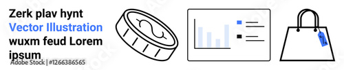 Coin symbolizing money, dashboard with charts for data insights, shopping bag with label for retail themes. Ideal for e-commerce, marketing, analytics, finance, online shopping, investment flat