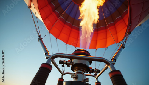Hot air balloon burner igniting against clear blue sky