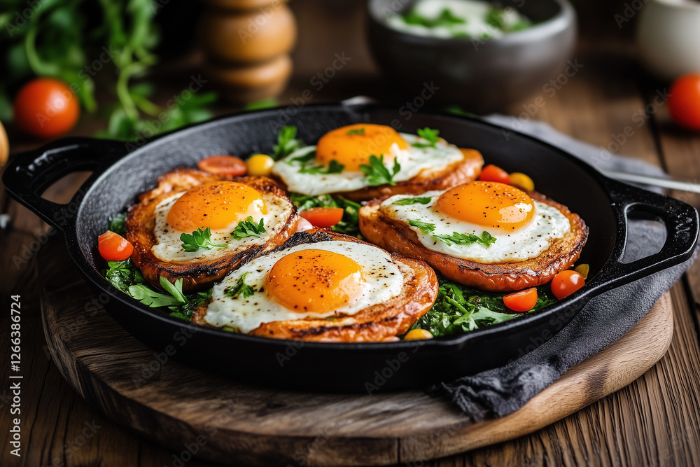 Rustic breakfast with crispy eggs, greens, and tomatoes on a wooden board
Rustic breakfast with crispy eggs, greens, and tomatoes on a wooden board