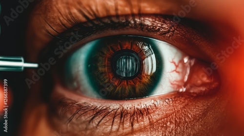 A high-resolution close-up of a man undergoing an eye exam with advanced ophthalmology equipment, highlighting precision, innovation and professional eye care. photo