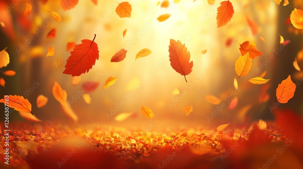 Vibrant autumn leaves gracefully falling in a serene forest, creating a warm, golden atmosphere with soft sunlight filtering through trees