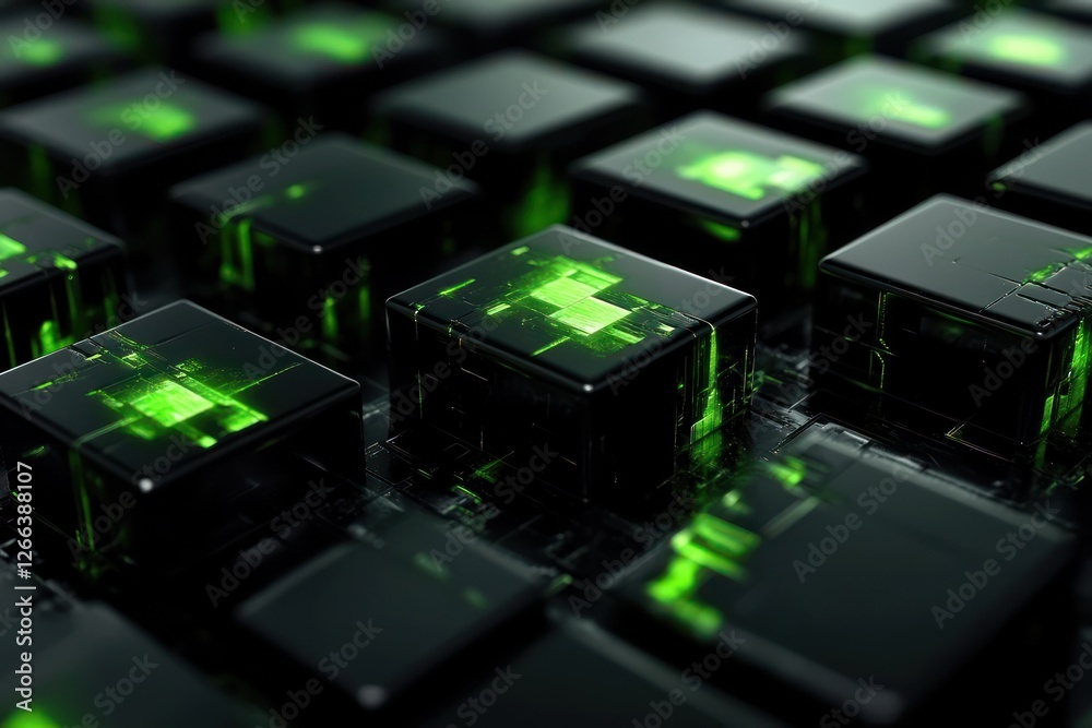 Fototapeta premium Abstract close-up of glowing green and black digital blocks arranged in a grid, suggesting technology and innovation in a futuristic setting