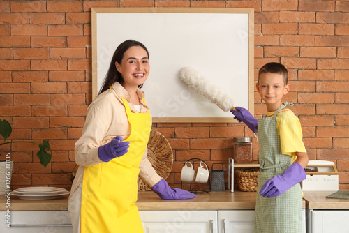Mother and her son cleaning...