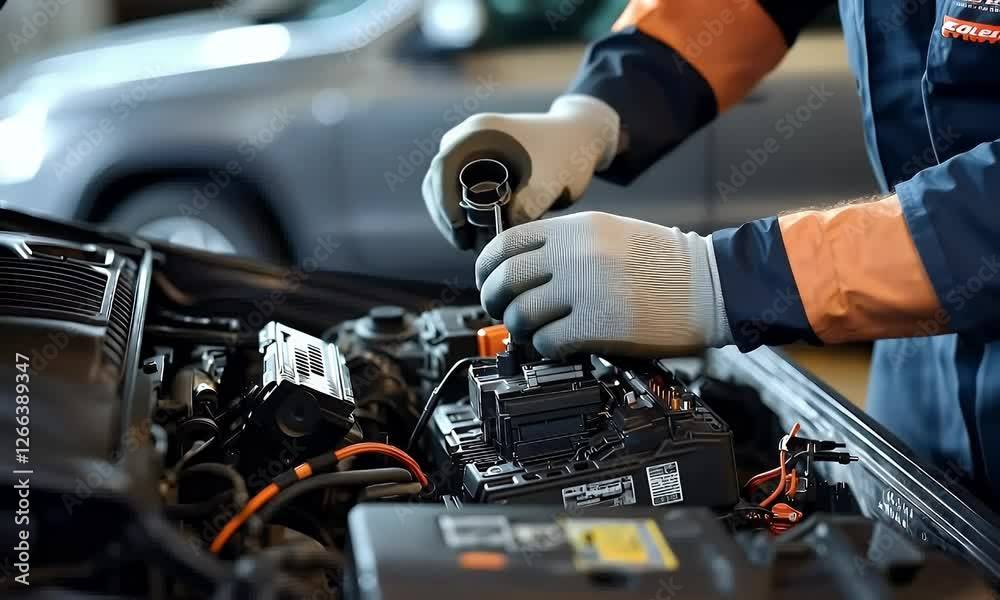 Mechanic servicing car battery in garage Mechanic servicing car battery in garage