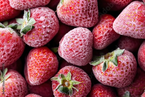Close up of frozen strawberries as background, top view. Stack of frozen strawberries. with generative ai