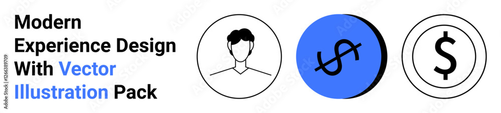 User profile avatar outline, blue dollar sign, and black currency symbol for finance, technology, business, apps, marketing, education and analytics. Ideal for flat landing page banner User profile avatar outline, blue dollar sign, and black currency symbol for finance, technology, business, apps, marketing, education and analytics. Ideal for flat landing page banner