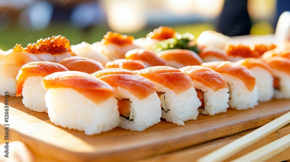 Delicious Salmon Sushi Platter on Wooden Board Delicious Salmon Sushi Platter on Wooden Board