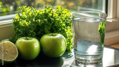 Healthy drink and fresh fruits by window photo