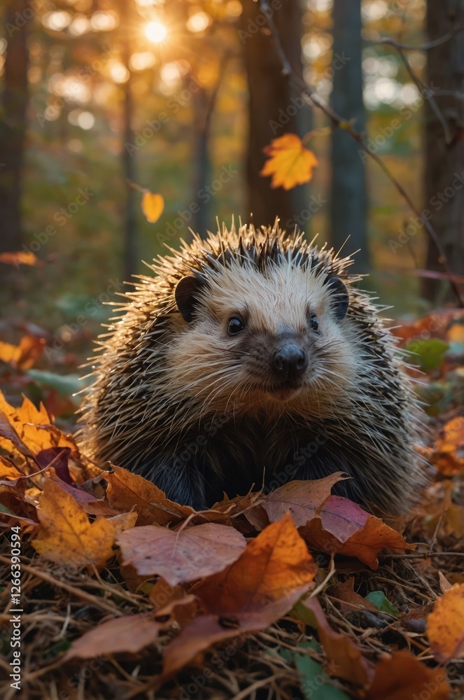 A hedgehog amidst autumn leaves in a forest setting, capturing nature's beauty. A hedgehog amidst autumn leaves in a forest setting, capturing nature's beauty.