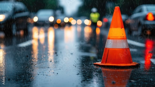 Rainy city street, traffic cone, accident, blurry background, caution photo