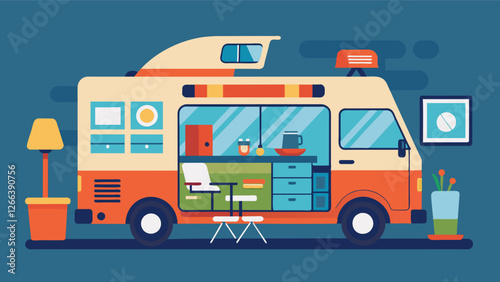 This camper vans interior transforms from a comfortable living space to a fullyequipped office allowing for maximum efficiency and flexibility.. Vector illustration