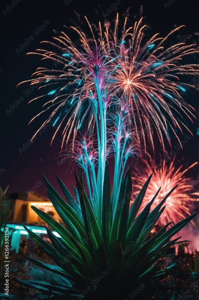 A vibrant display of fireworks illuminates the night sky, framed by a striking plant. A vibrant display of fireworks illuminates the night sky, framed by a striking plant.