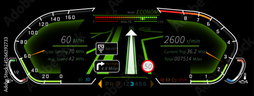 Dial Cluster template, Dial Cluster vector, dashboard template - illustrated in ECONOMY driving mode with SatNav - vector graphics in Adobe Illustrator format