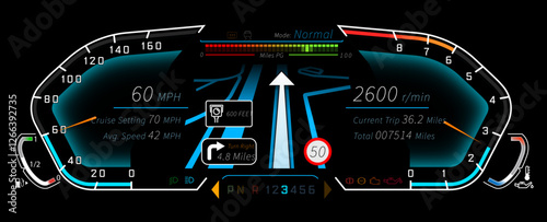 Dial Cluster template, Dial Cluster vector, dashboard template - illustrated in NORMAL driving mode with SatNav - vector graphics in Adobe Illustrator format