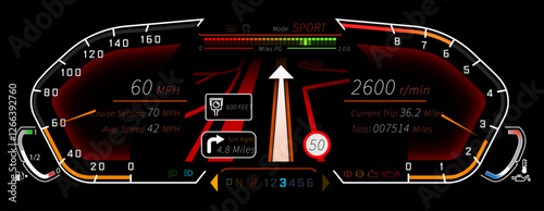 Dial Cluster template, Dial Cluster vector, dashboard template - illustrated in SPORT driving mode with SatNav - vector graphics in Adobe Illustrator format