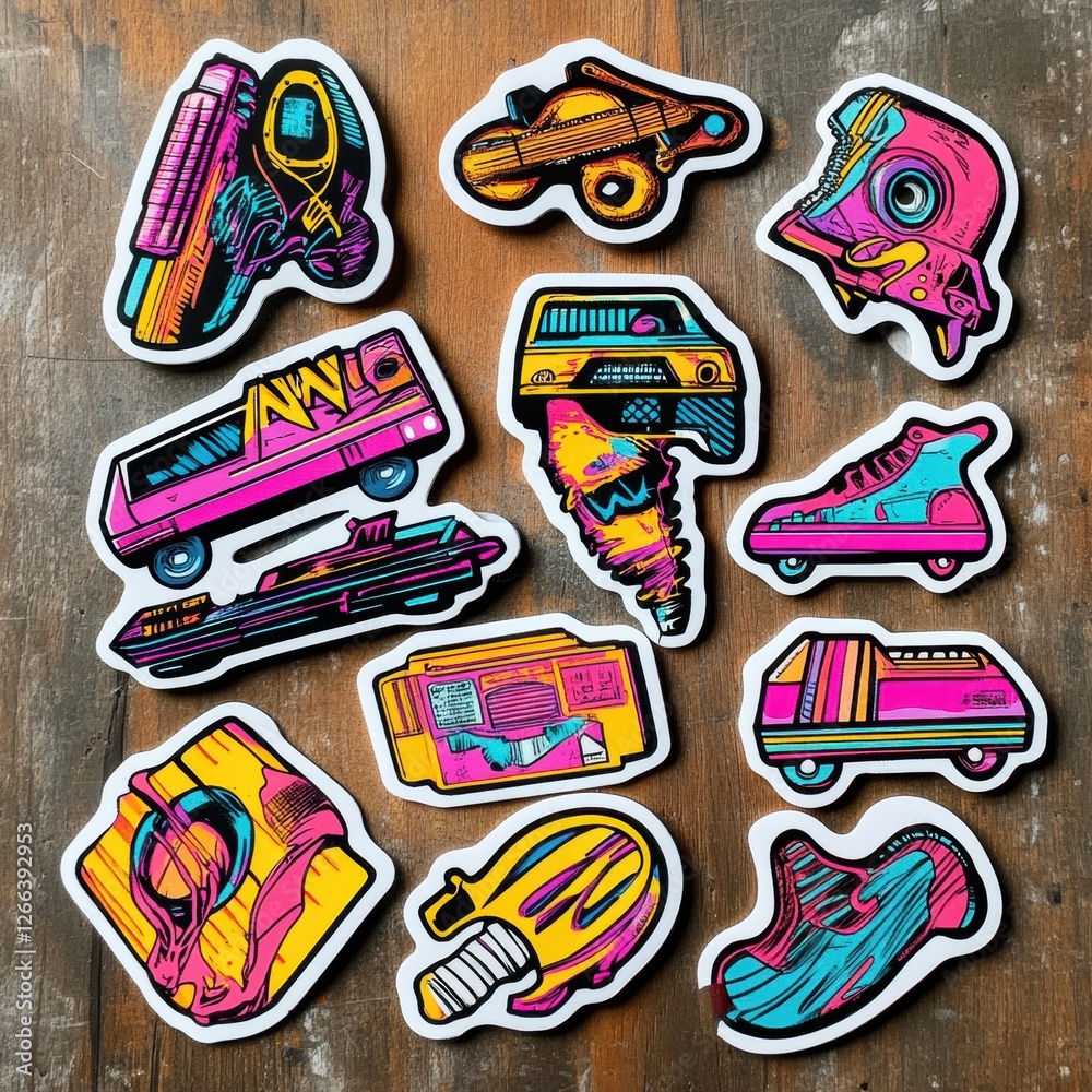 Retro inspired designs featuring roller skates, cassette tapes, electric guitars, and bold graffiti style. Generative AI Retro inspired designs featuring roller skates, cassette tapes, electric guitars, and bold graffiti style. Generative AI