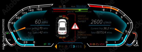 Dial Cluster template, Dial Cluster vector, dashboard template - illustrated in NORMAL mode with proximity sensors - vector graphics in Adobe Illustrator format