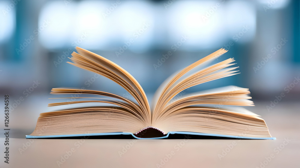 Obraz premium Open book on table, blurred background, knowledge, education