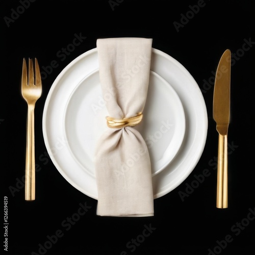 Elegant white plate with neatly folded beige napkin secured with a gold ring, accompanied by gold utensils on black background.