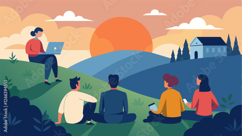 With the sun setting in the background a group of remote workers gather on a grassy hillside to discuss preservation plans for an abandoned historic village.. Vector illustration