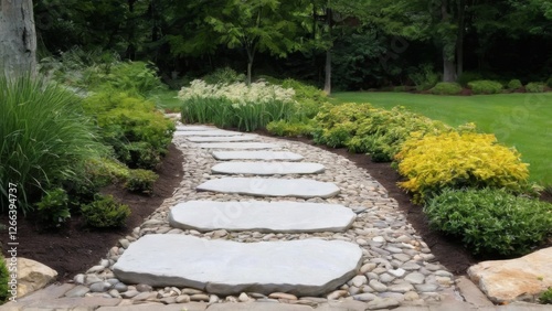 Serene garden stone pathway with colorful stepping stones, tall grasses, and wellmanicured lawn under overcast sky. photo