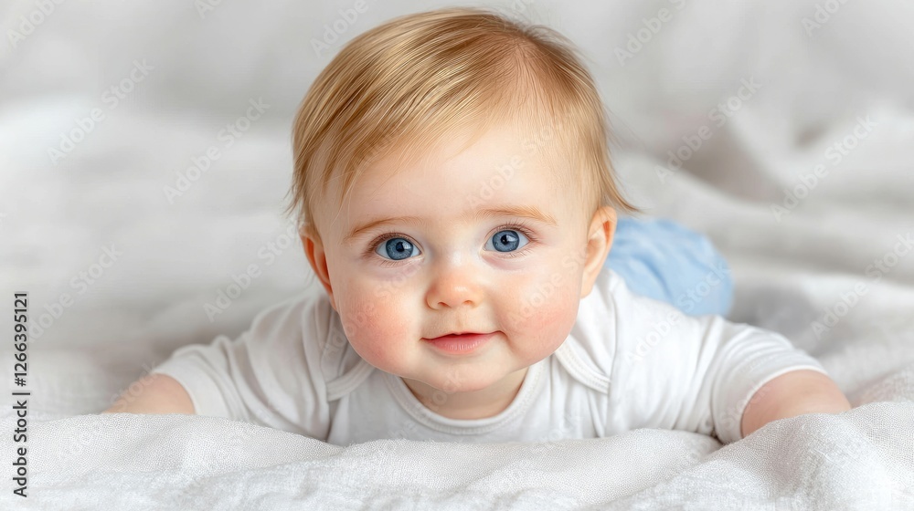 Baby girl, lying on stomach, smiling, soft background, portrait, use for baby products catalog, or family-related articles Baby girl, lying on stomach, smiling, soft background, portrait, use for baby products catalog, or family-related articles