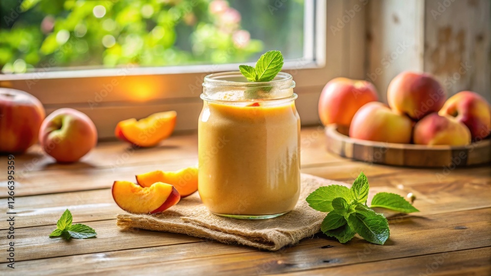 Refreshing Peach Smoothie in Mason Jar with Mint Garnish on Rustic Wooden Table