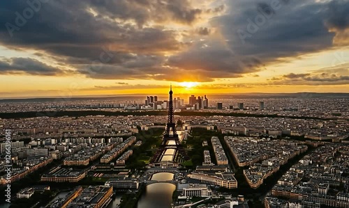 Cinematic Aerial View Of The Eiffel Tower At Sunset