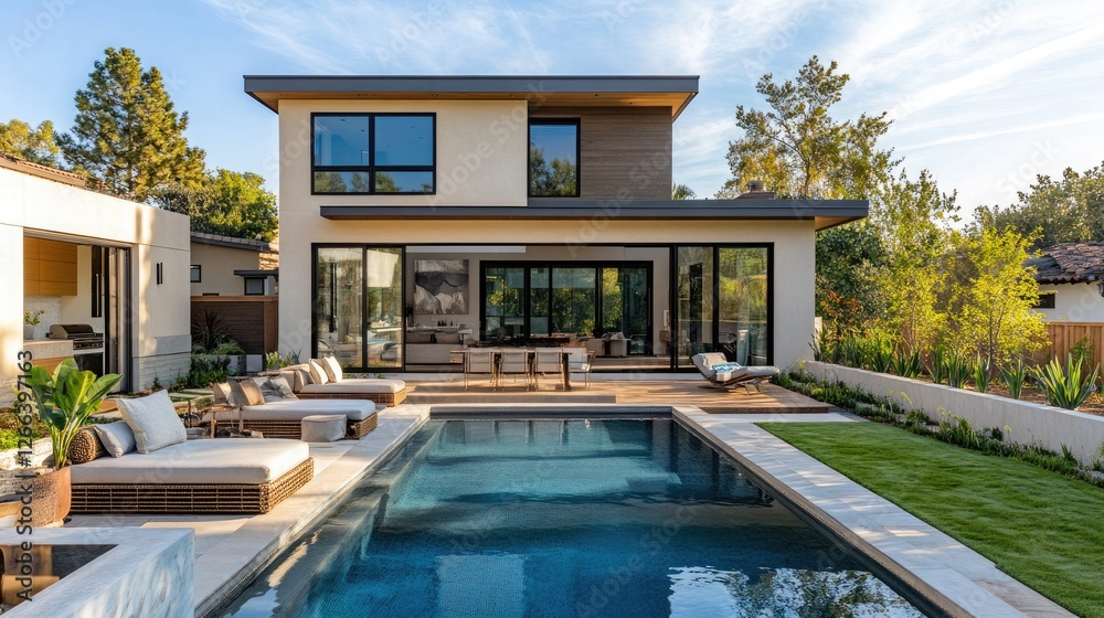 Fototapeta premium Backyard of a modern house during the daytime --ar 16:9 --style raw --stylize 250 --v 6.1 Job ID: 12514246-eb15-41eb-80c1-b99a3c7f6656