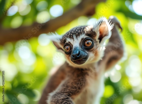 an image of a close up of a small animal on a tree, there is a small lemur sitting on a tree branch photo