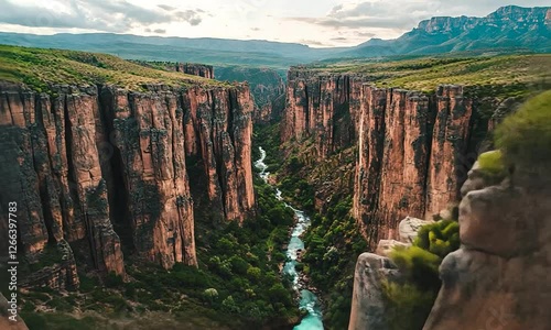 Drone Shot Of A Deep Canyon With A Narrow River