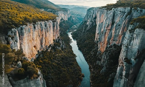 Drone Shot Of A Deep Canyon With A Narrow River
