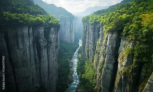 Drone Shot Of A Deep Canyon With A Narrow River