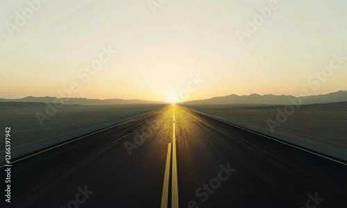 Cinematic Drone View Of A Driving Camera on Single Road Cutting Through A Desert