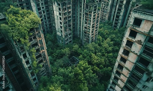 Cinematic Aerial Shot Of An Abandoned City Overgrown Vegetation